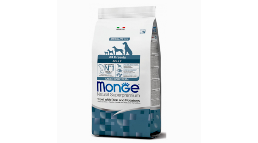Monge Dog MONOPROTEIN Speciality line All Breeds Adult pisztráng-rizs 2,5kg, 15kg