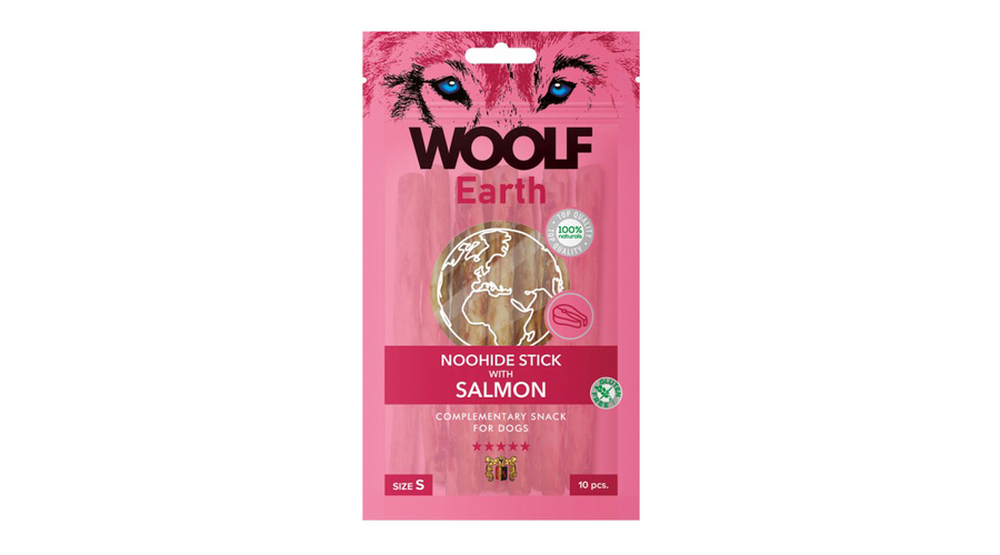 RD1069 Kutya és macska jutalomfalat-Woolf Earth NOOHIDE kollagénes rúd lazaccal S 90g, 11,5x1cm (10db/csomag)