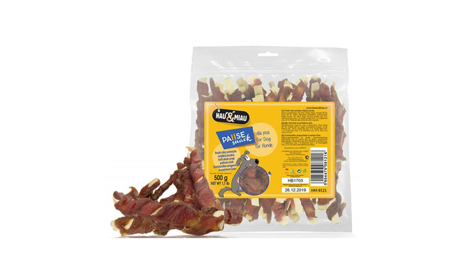 HM8121 Kutya és macska jutalomfalat-100% Tőkehal lapok kacsahússal tekerve 500g 